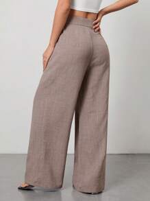 Pantalones formales de pierna ancha y cintura alta con pliegues, en color caqui, aptos para vacaciones de verano - Caqui - Ver 2