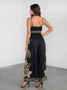 SHEIN Tall 女士波西米亚风香蕉树和椰子树印花无袖黑色长款连体裤假日休闲海滩夏季连体裤 - 彩色 - 查看 2