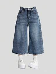 SHEIN Girlism กางเกงยีนส์วาจอรื่นต่ำสำหรับวัยรุ่นหญิง กางเกงขายาวถึงนิ้วแข้ง ยีนส์หลวมวินเทจ เสื้อผ้าสตรีทเวียร์ ออเวอร์ไซส์ กางเกงขาสั้นยีนส์แฟชั่นกางเกงฤดูร้อน