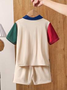 SHEIN 2pcs/Set Young Boy 4-Color Contrasting Polo Collar Short Sleeve T-Shirt & Shorts Set - Multicolor - View 2