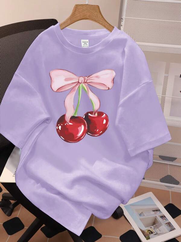 SHEIN Teen Girl Cherry Print Drop Shoulder Tee