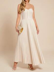 Amorya 女士优雅浪漫垂褶 A 字形连衣裙 - 杏色 - 查看 2