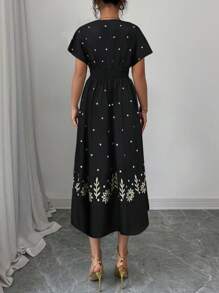 Chiquease Abito casual con scollo a V e spacco, stampato, elegante e alla moda, adatto all'uso quotidiano per le donne - nero - Visualizzare 2