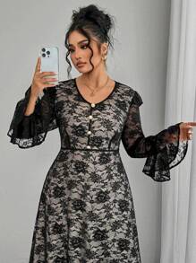 Modelyn Elegant V-Neck Plus Size Lace Midi Dress Fall Cloth For Women - Black - View 2