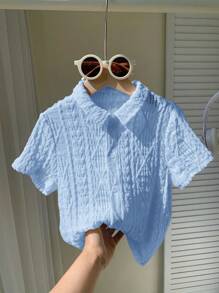 SHEIN Leap Crew 1 件年轻男孩宽松休闲提花翻领短袖衬衫 - 淺藍色 - 查看 5