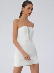 Aveloria Modichic High-End Elegant French Vintage Fashion Minimalist Women's Wedding Guest Dress, Sleeveless Bodice With Mesh Overlay, Waist-Cinching, Mini Length - White - View 3