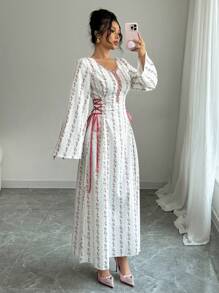 Yasmyna Vestido de verano modesto con estampado, de manga larga, cuello de volantes con lazo, estilo árabe, para mujer