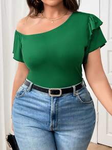 Rometta Plus Size Women Casual Versatile Open Shoulder Double Layer Ruffle Sleeve Bodycon Short Sleeve T-Shirt