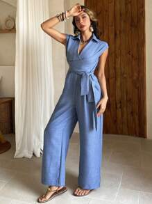 Livesso Semesteraffärsmässig avslappnad V-ringad jumpsuit för kvinnor med vriden, midjeböjd design, raka benjumpbyxor för kvinnor - Blå - Visa 6