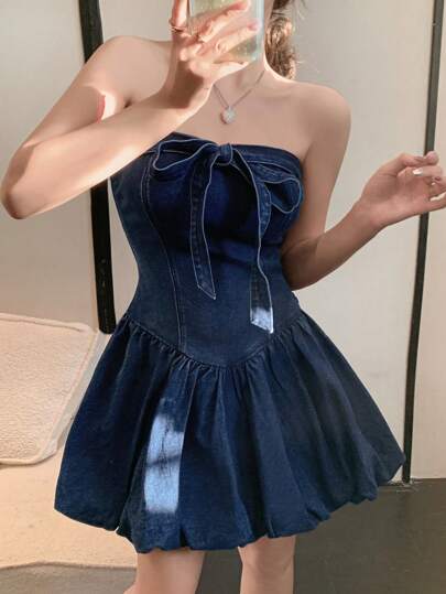 DAZY 女士露肩收腰修身蝴蝶结原色短款夏季泡泡下摆牛仔连衣裙