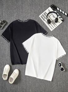 SHEIN 2pcs/Set Teen Boy Loose Fit Letter Print Round Neck Short Sleeve T-Shirts, Summer Graphic Tees,Holiday,Summer,Travel - Black and White - View 2