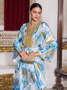 Al Najma Áo dài truyền thống Thổ Nhĩ Kỳ và Ả Rập in lá vàng cho nữ - Nhiều màu - Xem 2