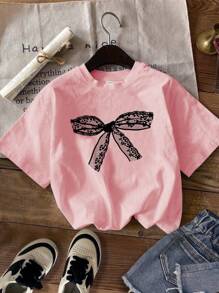 SHEIN Süße Schleife, Kirsch-Muster Lässig Cartoon Grafik T-Shirts in Weiß, Schwarz, Rosa für Kleine Mädchen, Kurzarm, geeignet für den Sommer - Verschiedenfarbig - Übersicht 4