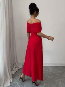 Elenzga 1 件 V 领褶皱 A 字型轻薄优雅浪漫女式连衣裙 - 紅色 - 查看 3