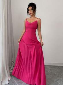 Elenzga 优雅女士细肩带荷叶边褶皱 A 字形连衣裙，浪漫 - 玫紅色 - 查看 4