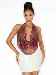 Zolique Women's Fashion Sexy Animal Print Flower Pattern Plunging Neck Backless Halter Top - Multicolor - View 1