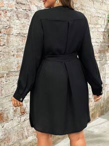 SHEIN LUNE Plus Size Women Solid Color Long Sleeve Button-Up Half Front Placket Casual Dress - Black - View 2
