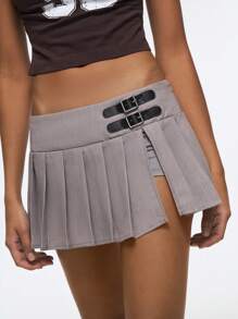 Easelle Women's Preppy Style Grey Skirt With Black Button Pleated Skirt - Grey - View 2