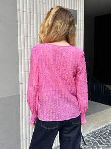 Forever 21 Spring Casual Commute Puff Sleeve Fuzzy Trim Elegant Office Lady Blouse - Pink - View 2