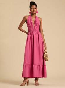 Travachic Vestido largo sin mangas para mujer, de unicolor, cuello halter, casual y de moda, para uso diario