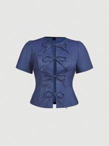 SHEIN MOD Bluză cu mânecă scurtă, cu fundă, cu mânecă scurtă, cu fundă în partea din față, cu fundă în partea din față, jachete cu efect denim