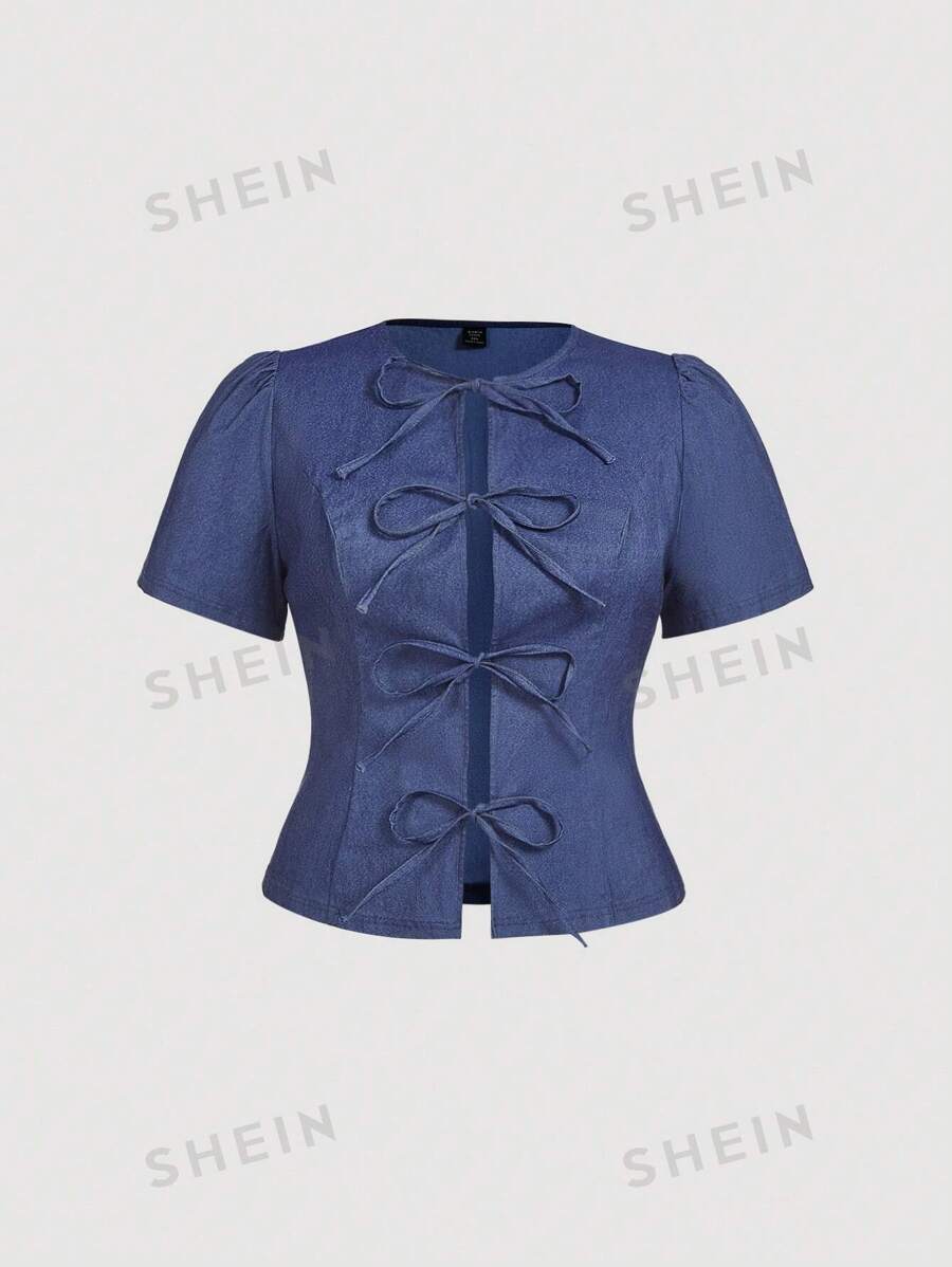 SHEIN MOD Bluză cu mânecă scurtă, cu fundă, cu mânecă scurtă, cu fundă în partea din față, cu fundă în partea din față, jachete cu efect denim