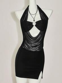 SHEIN ICON Women's Y2k Concert Women Outfit Festival Rave Outfit Simple Fitted Draped Neck Drop Shoulder Mock 2 Pieces Mini Black Date Night Dress - Black - View 12