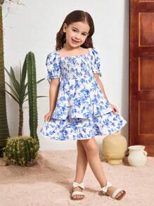 Young Girl Chiffon Ditsy Floral Ruched Puffed Sleeve Snug Fit Casual Dress - Blue - View 5