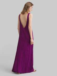 Ontre Purple Bohemian V-Neck Asymmetrical Pleated Loose Sleeveless Dress For Women, Summer - Red Violet - View 2