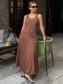 DAZY 纯色修身无袖连衣裙，休闲夏季假日女士长裙 - 棕色 - 查看 1
