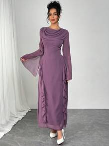 Modelyn 女士时尚摇领泡泡袖收腰连衣裙 - 紫色 - 查看 6