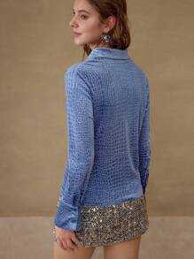 MOTF PREMIUM ÁO BLOUSE TAY LỒI CÁ SẤU NỔI DA CÁ SẤU - Màu xanh lam - Xem 5
