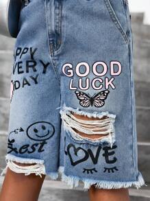 SHEIN Tween Girls Stylish Vintage Washed Smiling Face & Heart Graffiti Pattern Ripped Frayed Loose Fit Baggy Blue Denim Long Shorts ,For Girls Streetwear Outfits And Spring/Summer Clothes