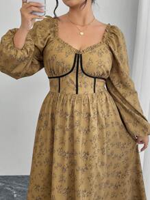 Modelyn Plus Size Jednolity Kolor Patchwork Kołnierzyk Serduszko Długi Rękaw Sukienka Codzienna