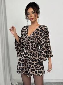 Elenzga 豹纹喇叭袖褶皱女式休闲连体裤，简约而优雅 - 彩色 - 查看 3