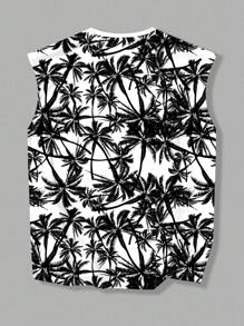 Manfinity Dauomo Camiseta de tirantes de cuello redondo para hombres con estampado botánico de borde crudo casual, adecuada para vacaciones