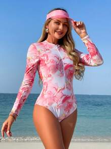 Swim SPRTY 1pc Women's Marble Fluid Pattern Rashguard, For Summer Beach Vacation - Pink - View 3