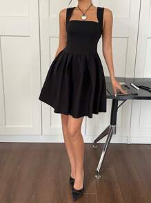 SHEIN EZwear Women's Plain Color Swan Neck Sleeveless Fashionable Black Mini Dress - Black - View 3