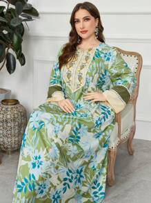 Al Najma Plus Size Long Sleeve Printed Ribbon Trim Arabian Dress - Multicolor - View 4