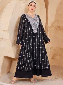 Al Najma Plus Size Long Sleeve Embroidered Mesh Double Layer Abaya Dress - Black - View 6