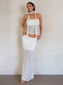 SHEIN BAE Women's White Summer Elegant Seductive Vacation Bohemian Lace Tube Top Ribbon Corset And Slim Maxi Skirt Two-Piece Set,Boho Beach Holiday Outfits - White - View 4