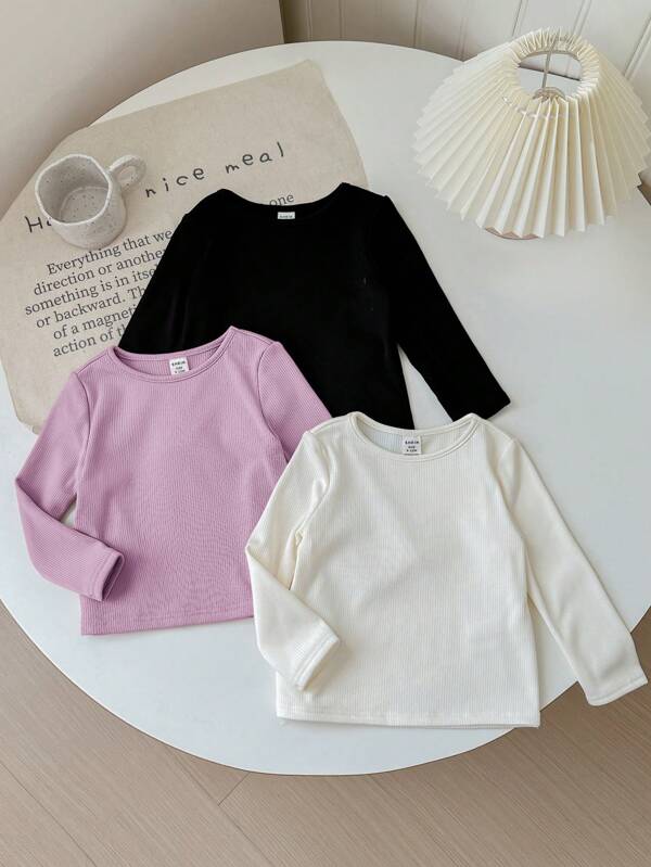 SHEIN 3Pcs/Set Babygirl Simples Elástico Cor Sólida Versátil Manga Longa Top