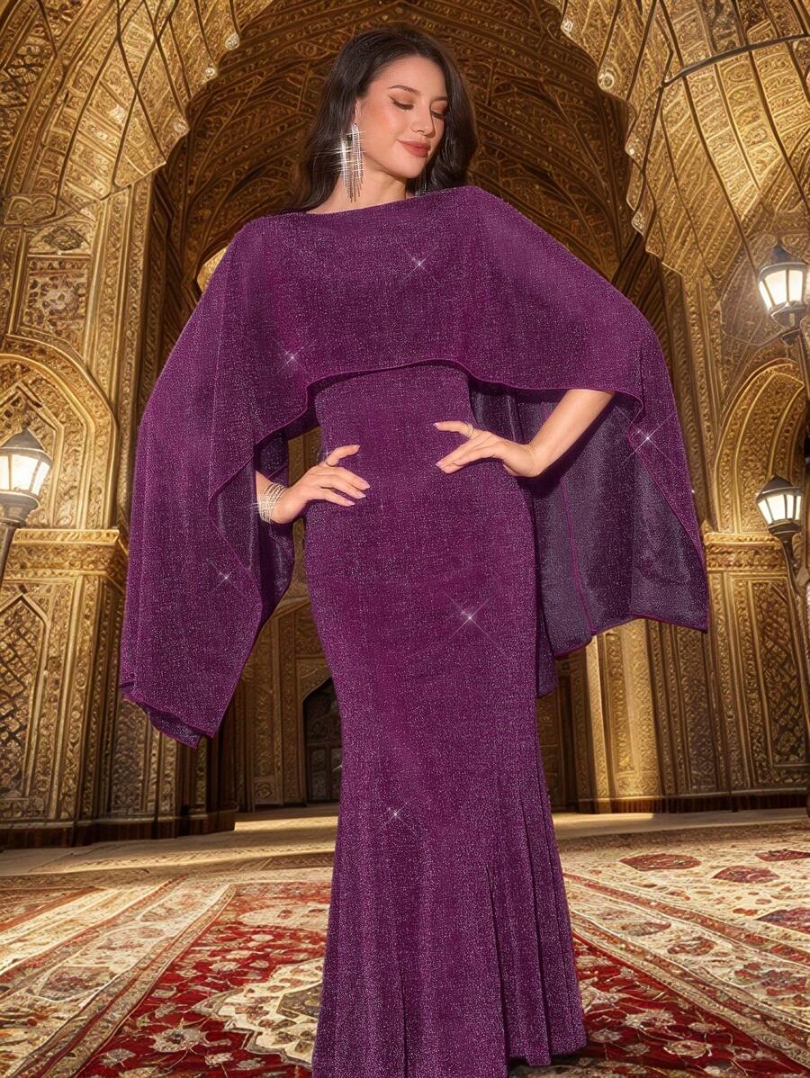 Modelyn Spring  Valentines Clothes Women's Elegant Party Glitter Cape Mermaid Dress - Rusty Rose - View 1