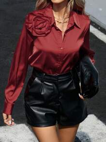 Aveloria Modichic 时尚法式花卉 3D 装饰女式衬衫，府绸面料衬衫，适合秋季假日派对服装可爱有趣的女士纽扣衬衫 - 紅色 - 查看 7