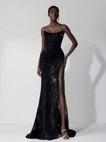 Elitara 优雅浪漫的黑色弹力蕾丝特殊造型鱼骨领连衣裙，高开衩至大腿，修身鱼尾裙摆，适合婚礼宾客、晚宴、单身派对、约会、度假、返校季、毕业季、婚礼活动、晚礼服、正式礼服、长裙、情人节等场合。 - 黑色 - 查看 3