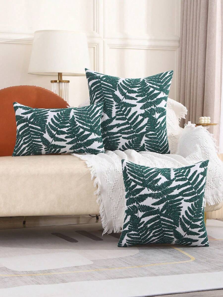 Leaf Pattern Linen Throw Pillow Cover, Home Decor Sofa Cushion - Green - View 1