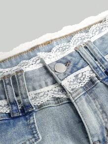 SHEIN 少女 Y2K 复古蓝色牛仔低腰紧身弹力短裤、女童春夏休闲度假乡村波西米亚风装、女童沙滩装、女童西部街头装、春假装、狂欢装节日牛仔短裤、度假装 - 淺色水洗藍 - 查看 2