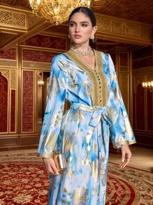 Al Najma Áo dài truyền thống Thổ Nhĩ Kỳ và Ả Rập in lá vàng cho nữ - Nhiều màu - Xem 7