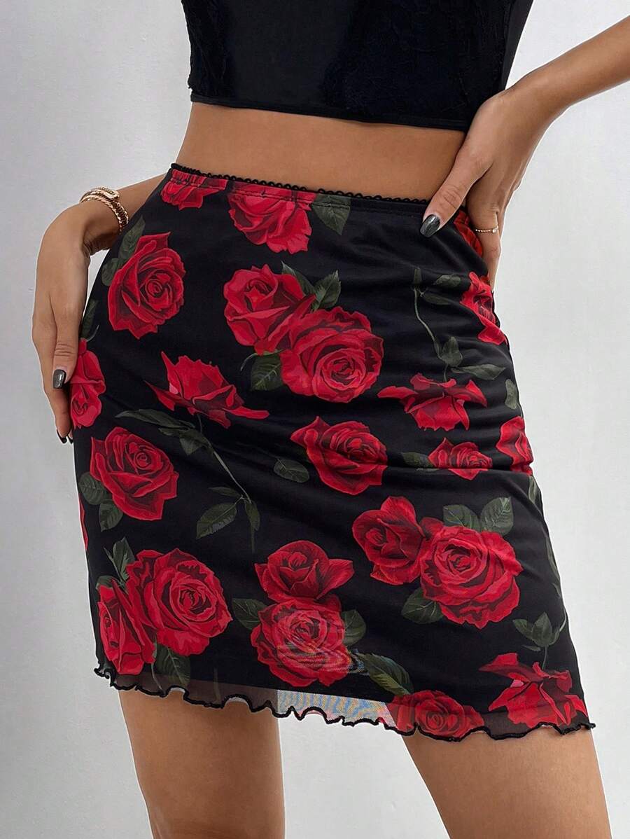 SHEIN Privé Damska, letnia, walentynkowa, seksowna, siateczkowa, różowa, z wysokim stanem, dopasowana mini spódniczka