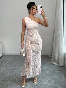Elenzga Vestido elegante y romántico con hombro oblicuo con textura y volantes en el bajo - Rosa - Ver 1